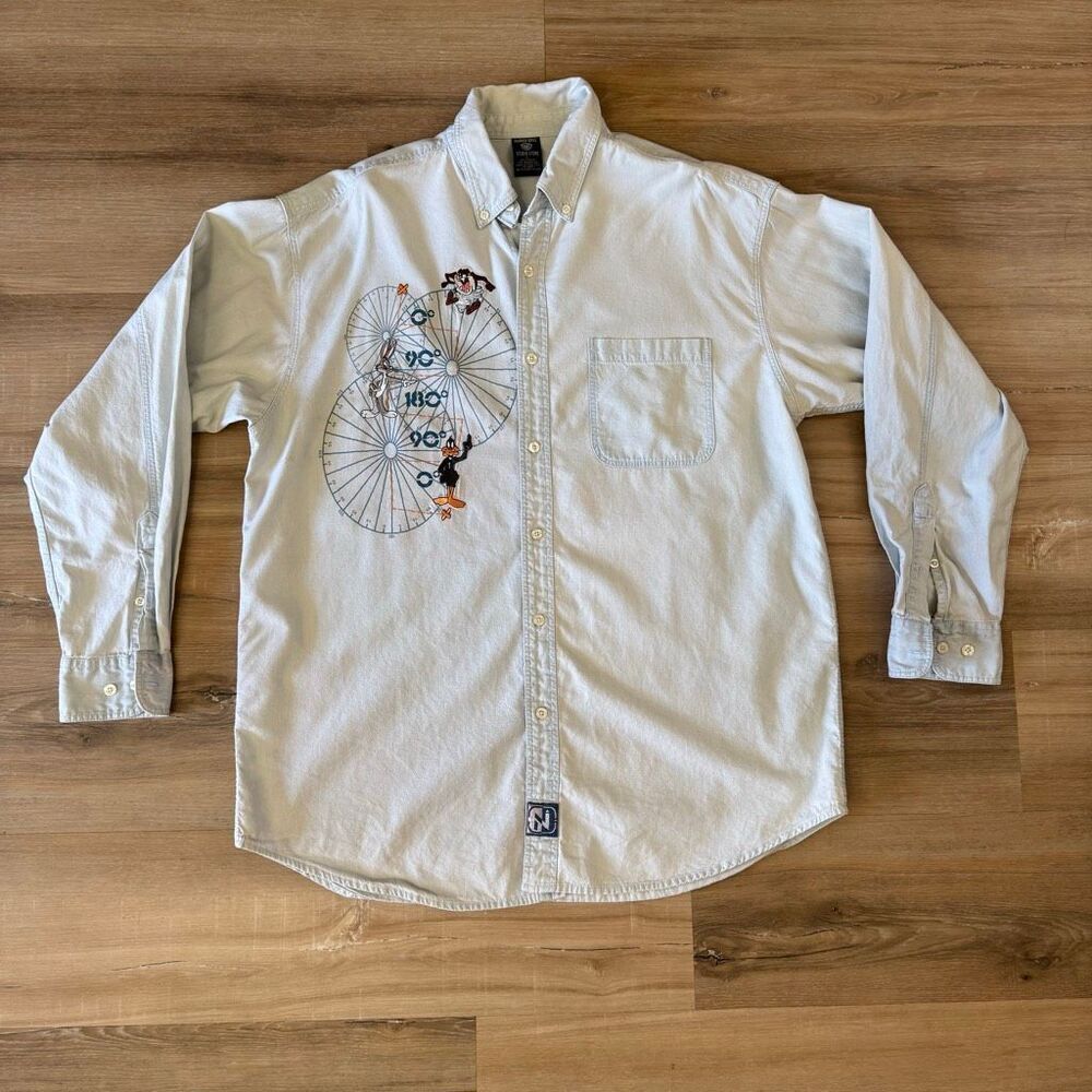 Vintage 1996 Warner Bros Looney Tunes Denim Long Sleeve Button Down Collar Shirt